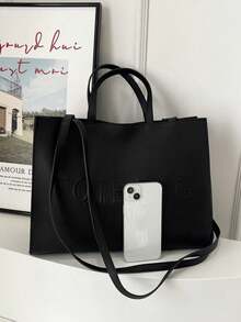 Bolso de mano grande de capacidad, con estampado de letras, de unicolor, simple y casual, bolso bandolera para mujer, billetera, bolso de trabajo de oficina elegante y casual - Negro - Ver 4