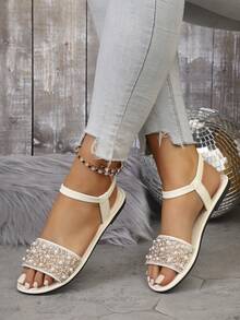 1 Pair Milky White Pearl & Rhinestone Embellished T-Strap Sandals, Luxurious Slip-Resistant Flat Sandals, Suitable For Teenagers Party And Casual Wear In Summer - White - View 4