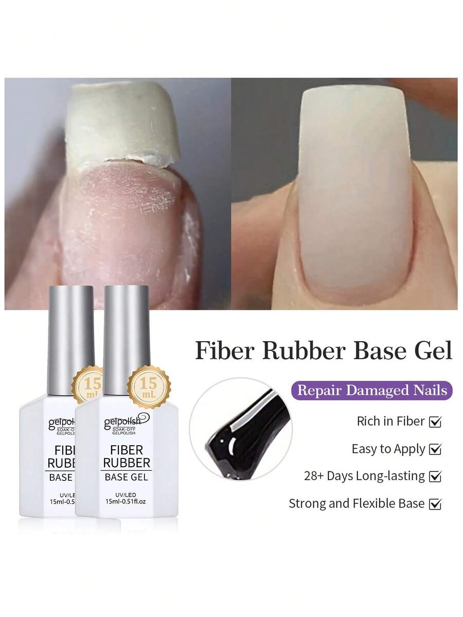 GELPOLISH 2件 15ml 透明纖維橡膠底膠，用於加固/建構/強化/鞏固指甲，長效保護，可卸除，適合薄脆指甲，完美適用於居家DIY美甲 - 無色 - 查看 1