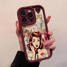 Mujer de arte pop, teléfono rojo, gatitos de San Valentínfunda de teléfono Fundas compatibles con ,Apple,VIVO,OPPO,,, y Honor.Fabricadas en silicona TPU,ofrecen protección contra golpes y caídas. - Burdeos - Ver 3