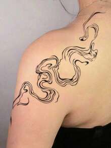 1 Tatouage temporaire, style ligne aquarelle fumée pour le dos et l'épaule-bras, lavable, en PVC, jetable, imperméable et anti-transpiration, convient pour les bras, la taille, l'abdomen et le dos, non réfléchissant, tatouage réaliste, convient pour tous, usage quotidien, dure 3-5 jours, tatouage épine dorsale - Noir - Voir 5