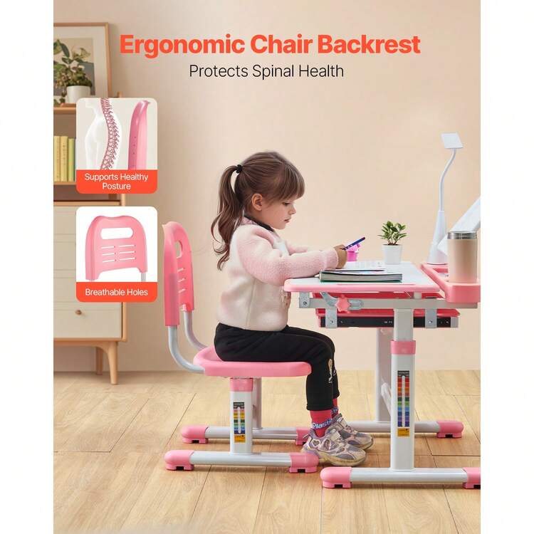 Kids Study Chair And Desk Set, Study Desk And Chair For Kids With Table Lamp, Adjustable Height & 0-40° Tilted Desktop Kids Desk And Chair, Children Study Table For Bedroom & Study Room, Pink - 20.5-30.3 inch Pink - 查看 4