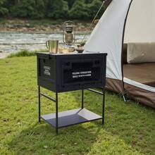 LIVINGANDHOME Black Outdoor Camping Foldable Storage Box With Wooden Tabletop & Stand, Multi-Functional Large Capacity Storage Organizer With Front Pull Ring & Side Snaps, Pressure-Resistant PP Material, Anti-Slip Grid Base, Collapsible Design For Easy Storage & Transport, Stackable Sturdy Storage Case For Camping, Picnic & Car Trunk - 45L Black(53cm H) - View 2