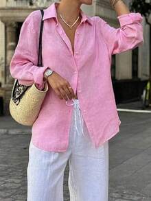 Blusa de lino rosa verano Look Polly, blusa holgada de manga larga con un solo botonadura, top versátil casual para playa y vacaciones de primavera - Rosa - Ver 10