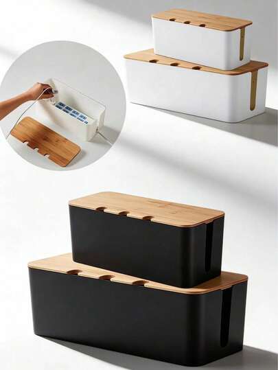 1pc Large Cable Management Box - Wooden Grain Style Cable Organizer Cover, Wooden Grain Cable Tidy Box With Lid, Charger Organizer And Cord Wrap, Desktop Cable Management, Covered Power And Charging Cable Storage Box - Organize Wires, Cables And Various Cords - Space-Saving Desktop Outlet Management, Suitable For Kitchen, Living Room, Bedroom, Office And Dining Room