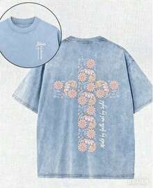 Summer Tops2026Christian Washed T-Shirt, Jesus, Faith, Floral Cross Pattern T-Shirt "Walk By Faith Not By Sight","Jesus Is Coming Soon", Religious Ele - 淺藍色 - 查看 6