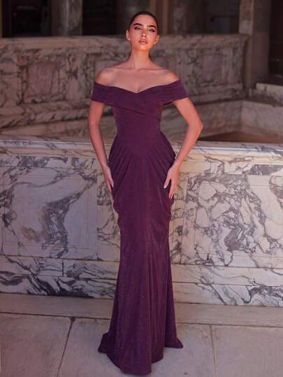 Faeriesty 女士单肩褶裥长裙 - 闪亮修身连衣裙，褶裥裙摆，高开衩设计，适合出席舞会、盛会、鸡尾酒会和正式晚宴