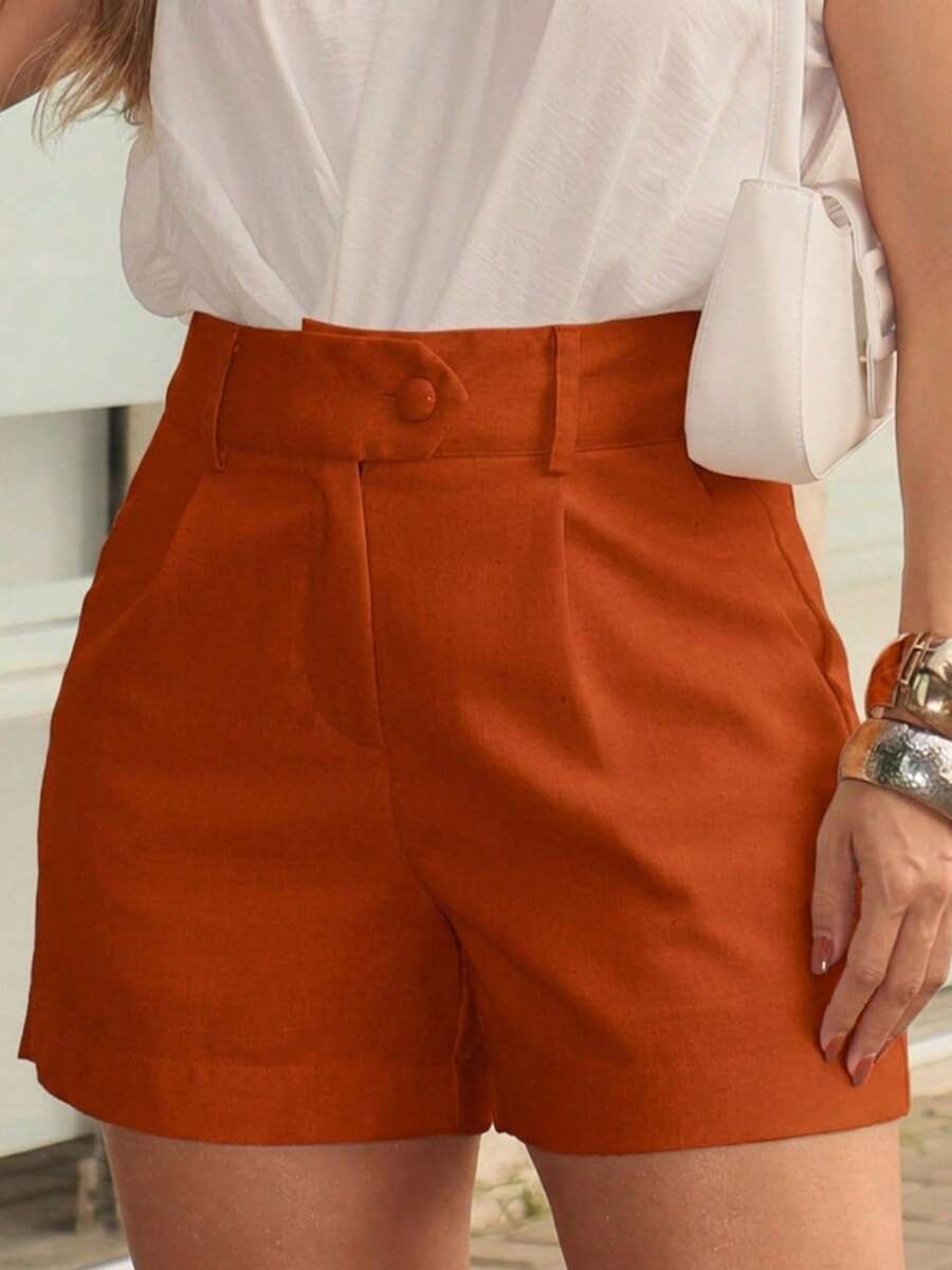 EMILI LULU RUNS4 Short With Wide Waistband, Linen, Women's Wrap Style, And Single Button Closure - Terracota - Ver 1