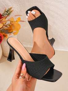 Women's Chunky High Heel Sandals, Summer, Solid Color, Open Toe, Slip-On, Suitable For Ladies High Heel Slippers - Black - View 2