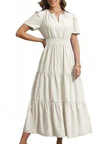 Rainday Womens Casual Maxi Dresses Fashion Holiday Short Sleeved Elastic Waist Beach Boho Dress With Pockets - Z3918wh - Xem 4