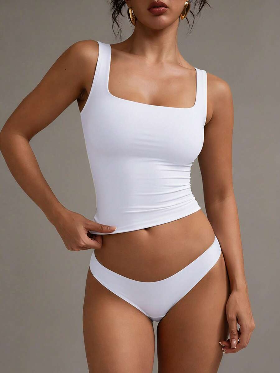 XLLAIS Women's Solid Color Square Neck Sleeveless Tank Top, Fitted Casual Wear, White, Spring/Summer - White - View 1