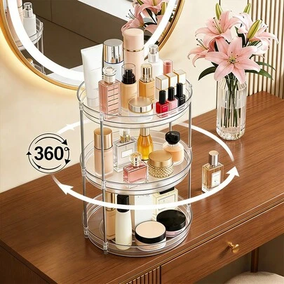 Hộp đựng mỹ phẩm xoay 1/2/3 tầng, bằng nhựa trong suốt, kiểu dáng Slouchy Susan, hộp đựng mỹ phẩm để bàn trong phòng tắm, giúp sắp xếp và cất giữ mỹ phẩm, phụ kiện bàn trang điểm phòng tắm, dùng để đựng son môi, nước hoa, kem dưỡng da, dầu gội, bàn chải đánh răng, trang sức và nhiều thứ khác, trang trí nhà cửa, trang trí phòng tắm, lý tưởng cho những người yêu thích làm đẹp.