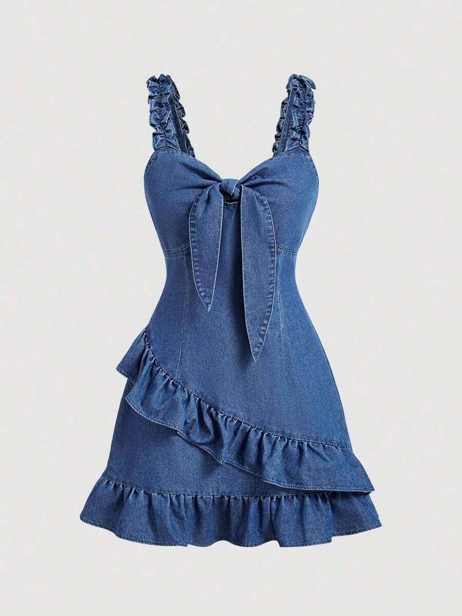 Vestido vaquero para mujer, tirantes con volantes y gran lazo en el pecho.Diseño ajustado con falda de volantes asimétrica en capas.Estilo dulce y juvenil, ideal para uso diario y salidas casuales. - Azul lavado medio - Ver 1