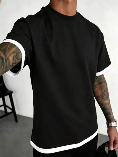 Camiseta de verano versátil y de moda para hombres, diseño de 2 en 1 con contraste de colores, cuello redondo regular, tela de punto transpirable, adecuada para uso diario