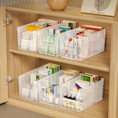 4格单包装 - 大容量透明家用药品收纳盒，大容量透明隔层医疗收纳盒，带3个可拆卸隔板，适用于桌面，多功能桌面药品收纳盒，现代托盘
