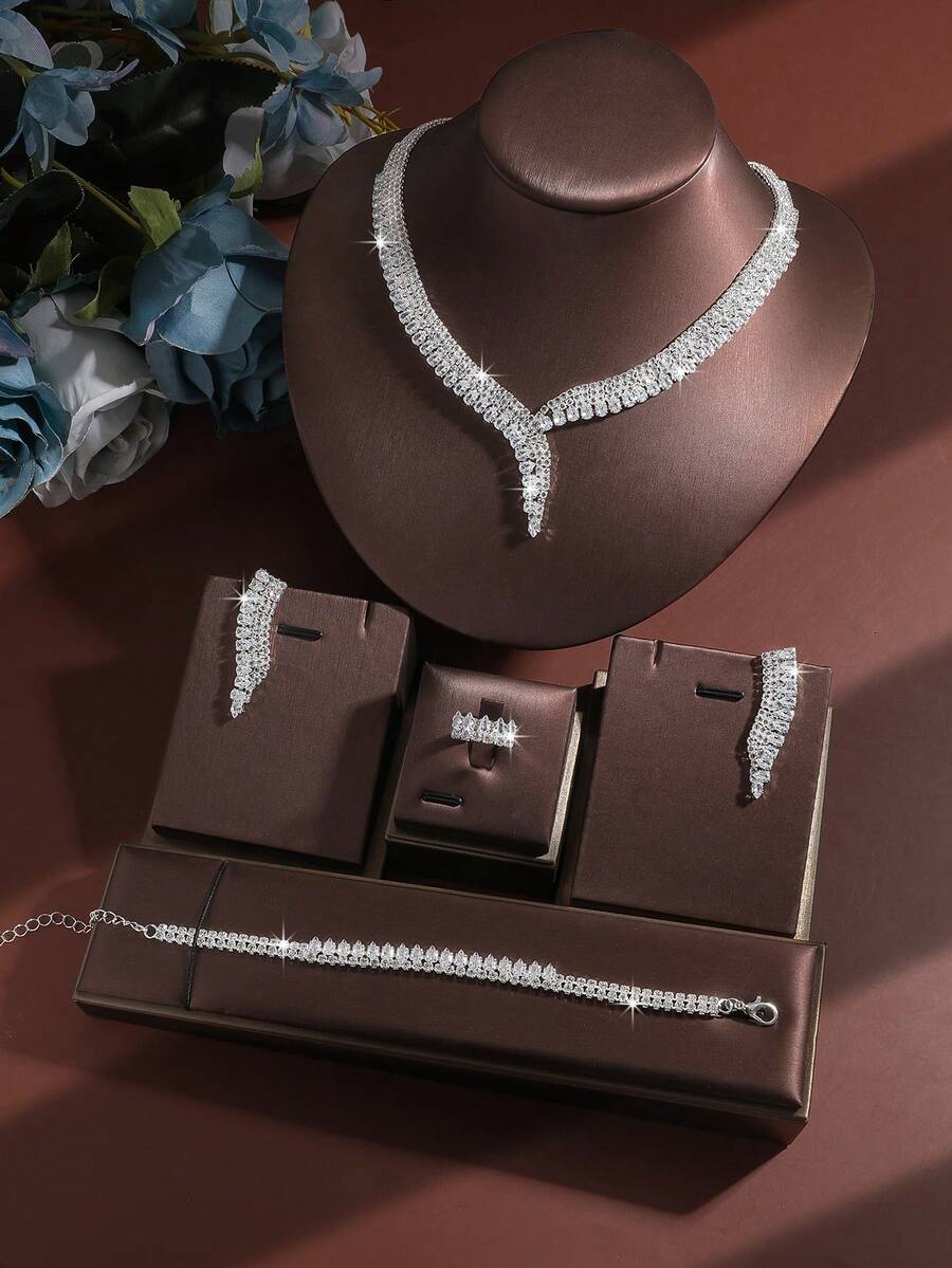 5pcs Luxury Zirconia Inlaid Geometric Necklace, Earrings, Bracelet, Ring Jewelry Set, Suitable For Women's Daily Wear, Weddings, Parties, Elegant And Fashionable High-End Accessories - Multicolor - View 1