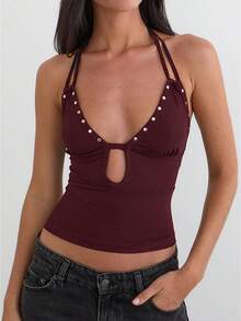 Womens Rivets Studded Halter Neck Plunge Cami Top Self-Tie Spaghetti Straps V-Neck Cut Out Front Crop Tank Top Camisole Vest Y2K Streetwear Party Tops - 酒紅色 - 查看 1