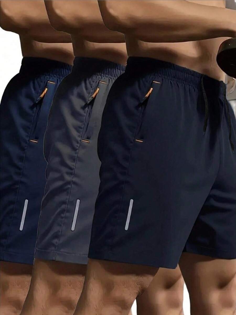 3pcs Men's High Performance Casual Loose Quick Dry Sports Shorts, With Reflective Strip Design, Pockets, Waist Zipper Drawstring, Soft And Lightweight Suitable For Training And Sports