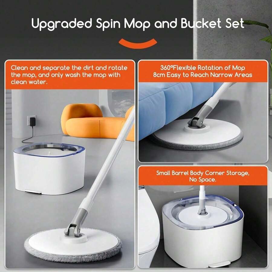 Spin Mop And Electric Bucket System, Unique Automatic Washing And Wring Electric Bucket, Upgrade Spin Mop Bucket With 2 Microfib - A - 查看 1