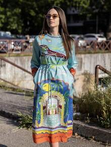 Fashionable Bohemian Vacation Style Tropical Casual Tie-Dye Print Dress Elegant Spring - Blue - View 4