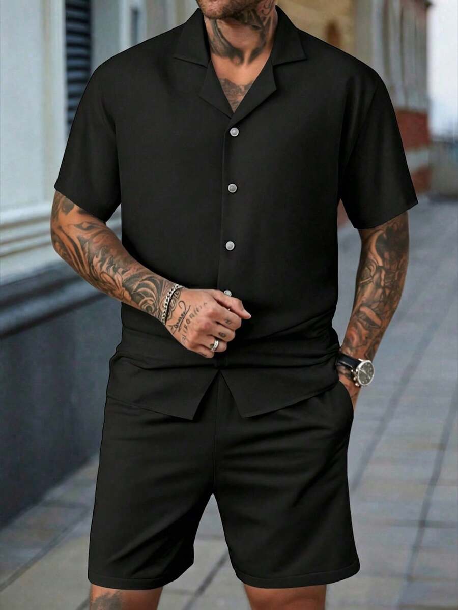 2pcs Men's Casual Solid Color Set, Short Sleeve Polo Shirt Paired With Elastic Waist Shorts, Suitable For Summer Daily Wear And Vacation - Black - View 1