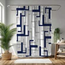 1pc 2D Geometric Pattern Navy Blue & Grey Abstract Pattern Shower Curtain, Durable Polyester Fabric, Waterproof, Easy To Hang, Bathtub Home Decor Upgrade, Elegant Minimalist Style Interior Design - Multicolor - View 9