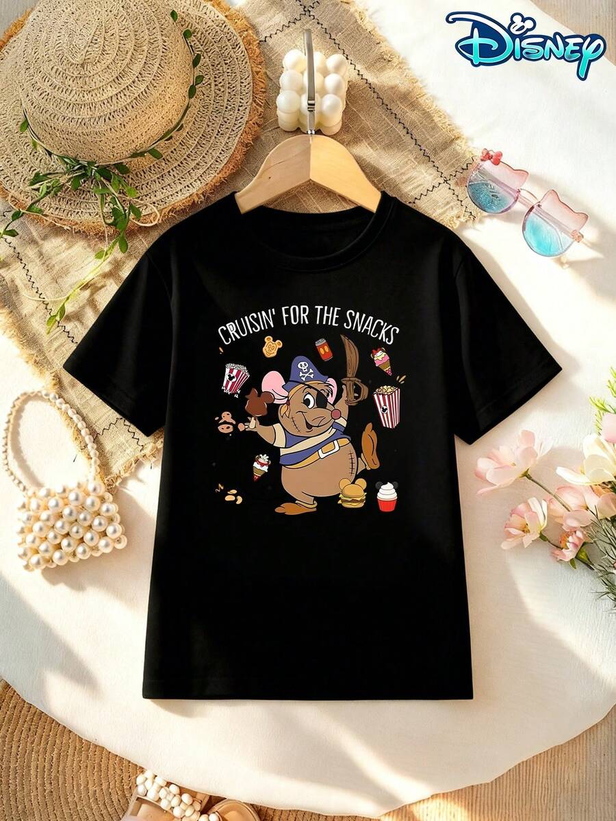 Disney Licensed Style | Pirate Mouse CRUISIN' FOR THE SNACKS Print Crew Neck Kids' Short Sleeve T-Shirt - Funny Playful & American Casual Vibe, Soft Breathable Fabric, Crew Neck, Ideal For Vacation, Travel & Daily Casual Wear - 黑色 - 查看 1