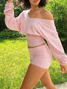 2pcs Women Casual Sports Set, Shorts And Long Sleeve Top, Streetwear Style For Daily Wear Spring - 粉色 - 查看 3