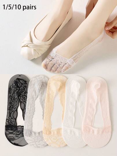 1/5/10 pares de meias femininas transparentes e invisíveis, confortáveis e respiráveis, cores sortidas / Meias femininas de renda estilo barco, meias curtas e finas, meias florais de verão, respiráveis, de cano baixo e antiderrapantes
