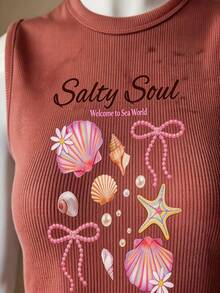Conjunto para mujer estilo deportivo de vacaciones con estampado de letras, conchas, estrella de mar y moños, ajuste slim, primavera verano, para gimnasio y salidas, set de top sin mangas con short biker - Rosa - Ver 4