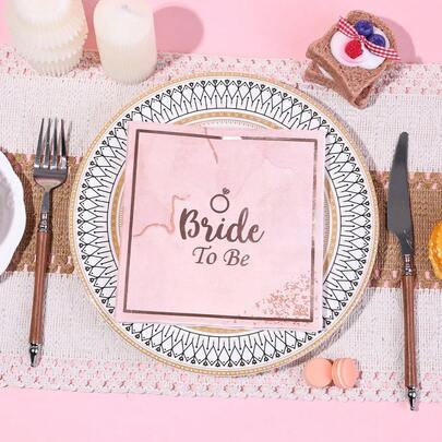 20pcs/40pcs/60pcs Disposable Bride Napkins - 2-Ply Pink Marble Pattern Gold Foil Ring & Handwritten Design Napkins, Suitable For Bridal Shower, Bachelorette Party, Wedding Tableware, Engagement Party, Cocktail Napkins, Wedding Preparation, 13*13 Inches