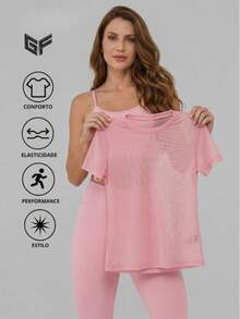 Women's 3-Piece Gym Set | Padded Top + Leggings + Tulle Blouse – Comfort & Elegance, Stylish And Transparency-Free Women's Gym Outfit - 淺粉色 - 查看 2