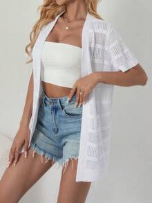 Casual Solid Color Mesh Hollow Short Sleeve Knitted Cardigan For Women, Summer Street Wear White - White - View 4