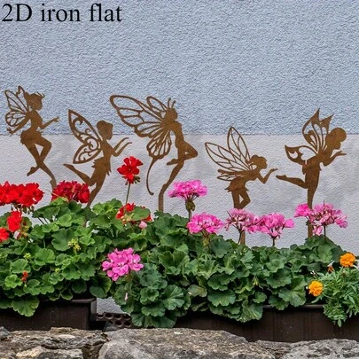 Đồ trang trí hình phẳng 2D, 5 món đồ trang trí cổ tích bằng kim loại cho khu vườn cổ tích, vật trang trí sân vườn cổ tích bằng kim loại, tác phẩm nghệ thuật ngoài trời hoàn hảo, quà tặng Ngày của Mẹ, tượng trang trí sân vườn dạng cọc.