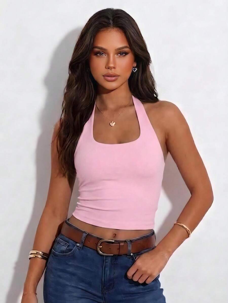 Women's Solid Color Halter Casual Versatile Daily Wear Top - Pink - View 1