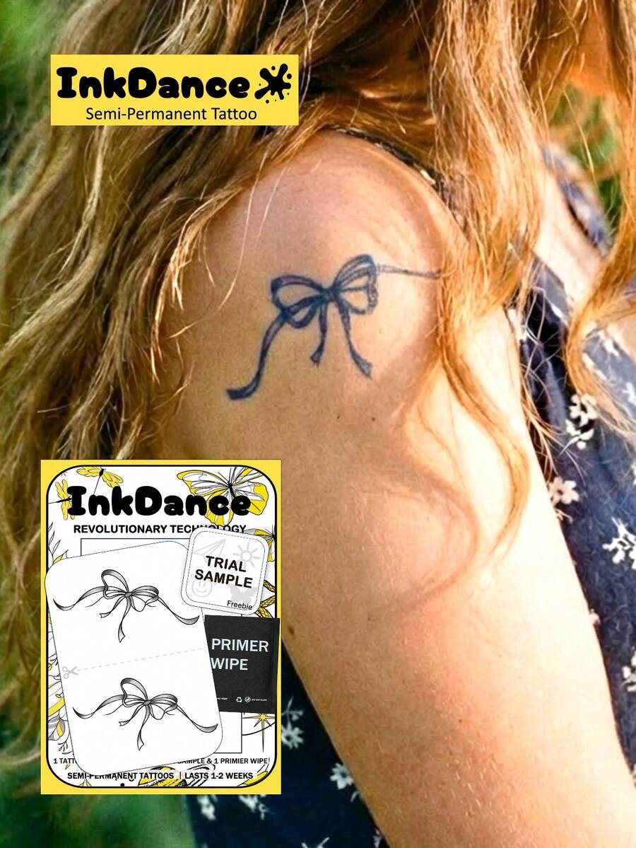 1 Kit Bowknot Revolutionary Technology Tattoos, Semi-Permanent Tattoos, Temporary Tattoos, Long Lasting, Fake Tattoos, Water-Resistant, Authentic Tattoo Look, Plant-Based, Present X175 - Black - View 1