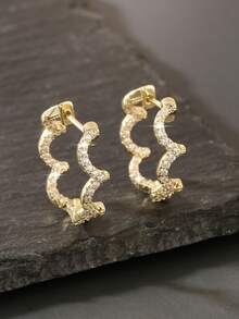 1 Pair Elegant Luxury Copper Zirconia Geometric Wave Hoop Earrings, Fashionable Gift For Women - Round - View 5