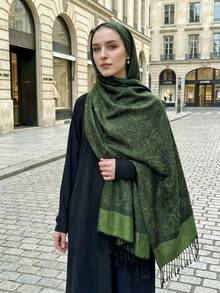 1pc Bohemian Style Floral Jacquard Cashmere Blend Scarf For Women, Vintage Tassel Scarf/Headscarf, Suitable For Daily, Office, Wedding And Other Occasions, Spring/Summer/Autumn,Beach,Holiday - Army Green - View 2