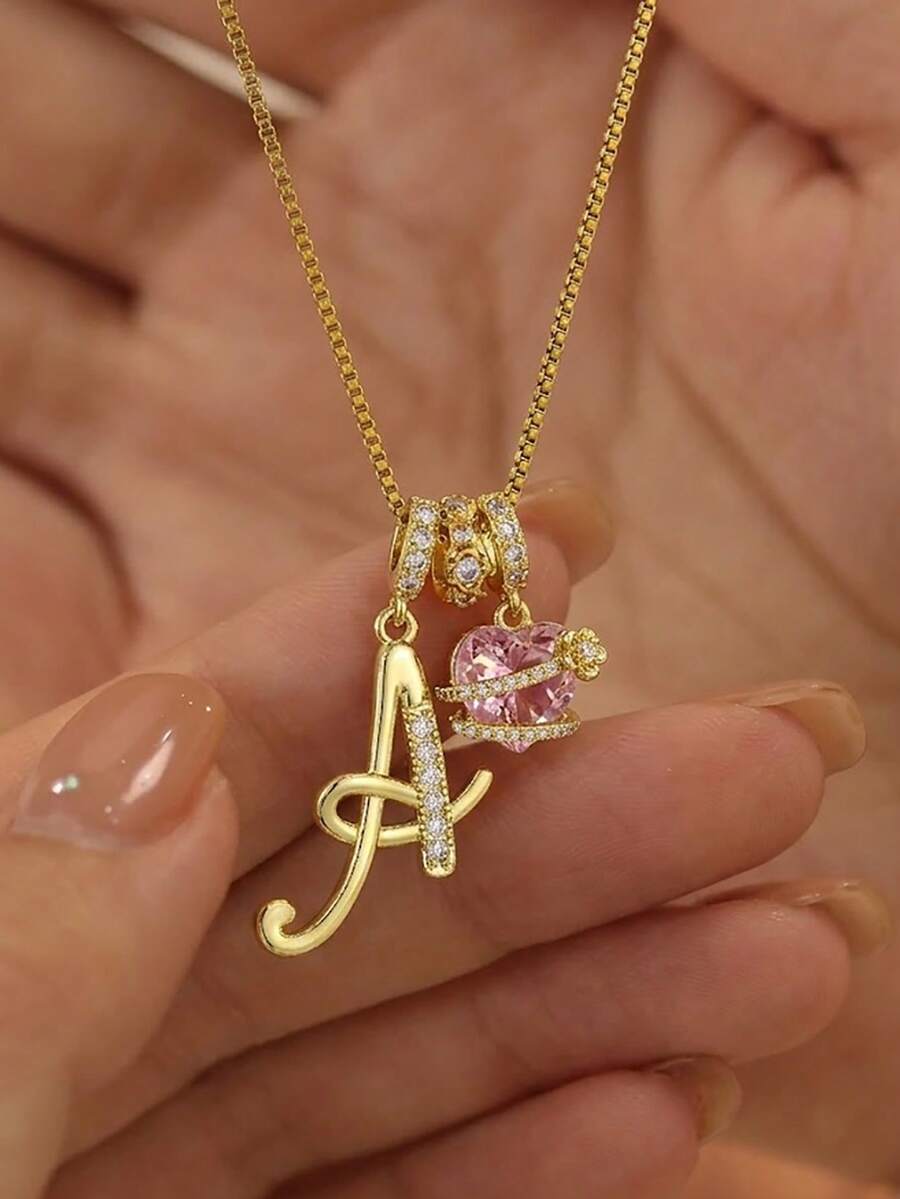1件简约可爱立方氧化锆粉色心形宝石个性化手写字母吊坠项链，不锈钢材质，时尚休闲，可定制 - 金黃色 - 查看 1