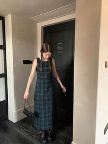 Retro Niche Round Neck Loose Back Slit Plaid Sleeveless Dress For Women - Blue - View 12