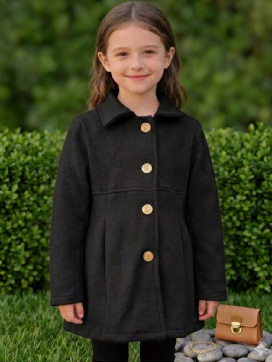 Girls' Soft Fabric Overcoat – Warm Coat With Front Buttons And Elegant Design For Winter - 黑色 - 查看 1