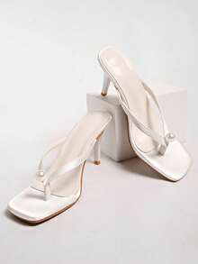 Sandal mùa hè tối giản đa năng mới dành cho nữ, sandal xỏ ngón gót thấp, gót trung bình đính sequin, gót mảnh. - trắng - Xem 6