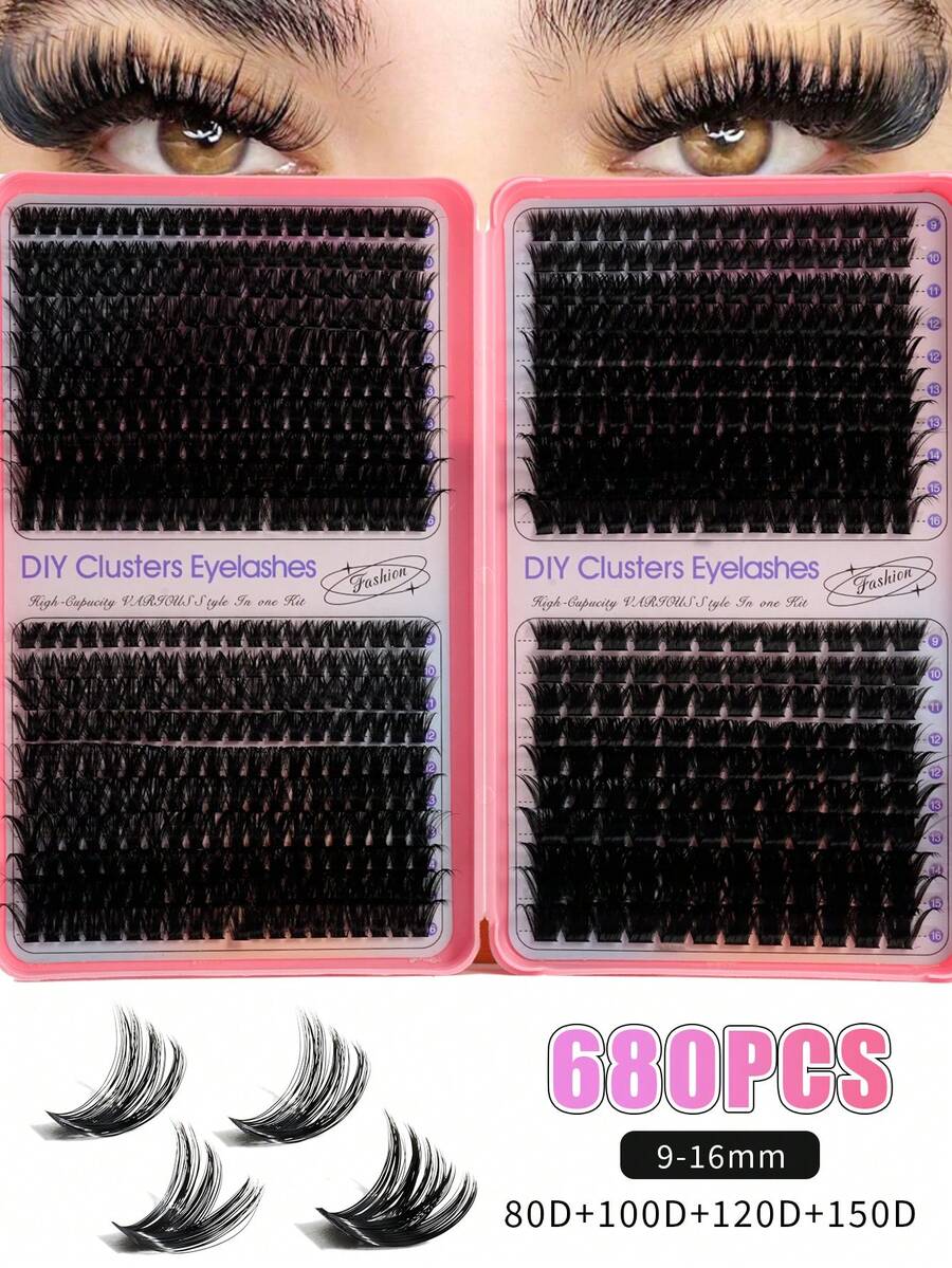 800/680pcs High Density D Curl DIY Eyelash Extension Kit, Long-Lasting Mixed Single Cluster False Lashes, Suitable For Beginners, Home Use For Charming Eyes, Daily, Wedding, Date, Party, Travel, Holiday, Christmas, Halloween Makeup Gift Eyelashes