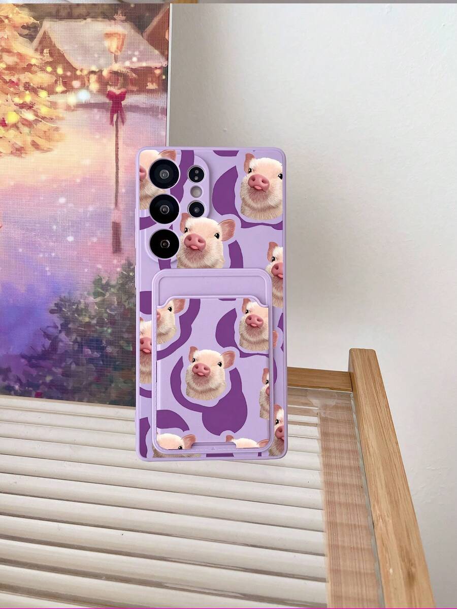1pc Purple TPU Cute Pink Pig Face Pattern Full-Coverage Shockproof Phone Case And 1pc Purple Pig Face Pattern Adhesive Card Holder 2-In-1 Fashion Versatile Creative Phone Case Compatible With Apple/Android/ Phones - Multicolor - View 1