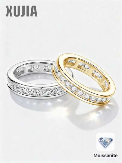 XUJIA 1pc 925 Sterling Silver 2.5mm Round Moissanite Ring, Classic Fashion Wedding Band For Women, Sparkling Moissanite Symbolizes Eternal Anniversary, Great Birthday Gift For Her