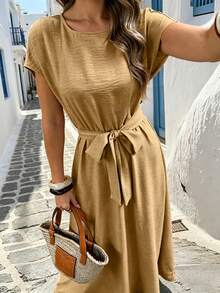 Vestido largo de línea A con textura de lino sintético y drapeado para mujer - Camel - Ver 2