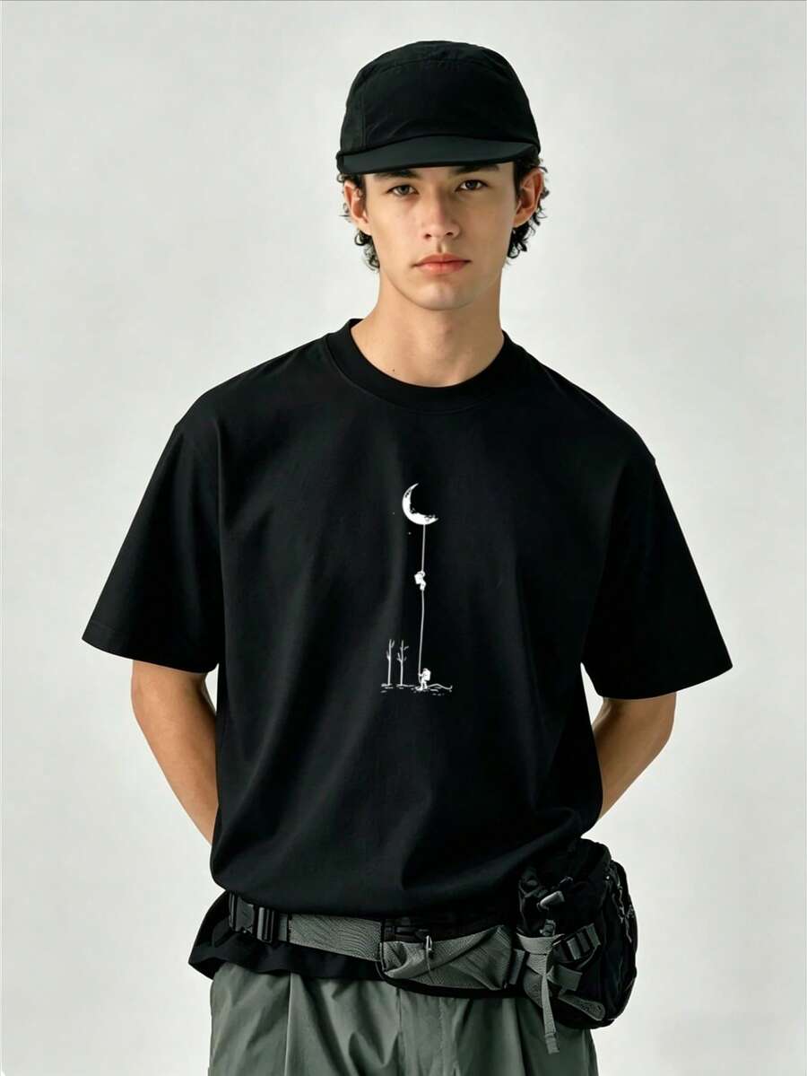 Men's Summer Sports Round Neck Short Sleeve Top, Basic Space Shuttle Print T-Shirt, Regular Shoulder Design, Soft & Breathable Fabric Black - Black - View 1