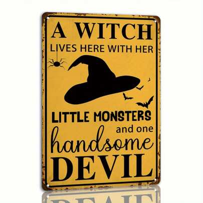 1pc Witch Charm Halloween Iron Foil Sign | Farmhouse Style Home Decor, With "Witch Lives Here" And "Little Monsters" Design, Easy Wall Art Installation | Perfect Holiday Gift, 12X8 Inch/30X20 CM, Pre-Drilled Holes As Shown