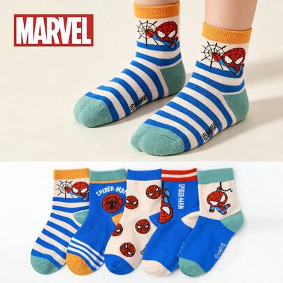 Marvel 漫威儿童蜘蛛侠袜子（1/5/10双装），男童中筒袜，复仇者联盟超级英雄卡通袜，女童蜘蛛头/蜘蛛图案装饰袜，儿童运动袜，透气柔软舒适休闲袜，适合返校、派对、假期、日常穿着