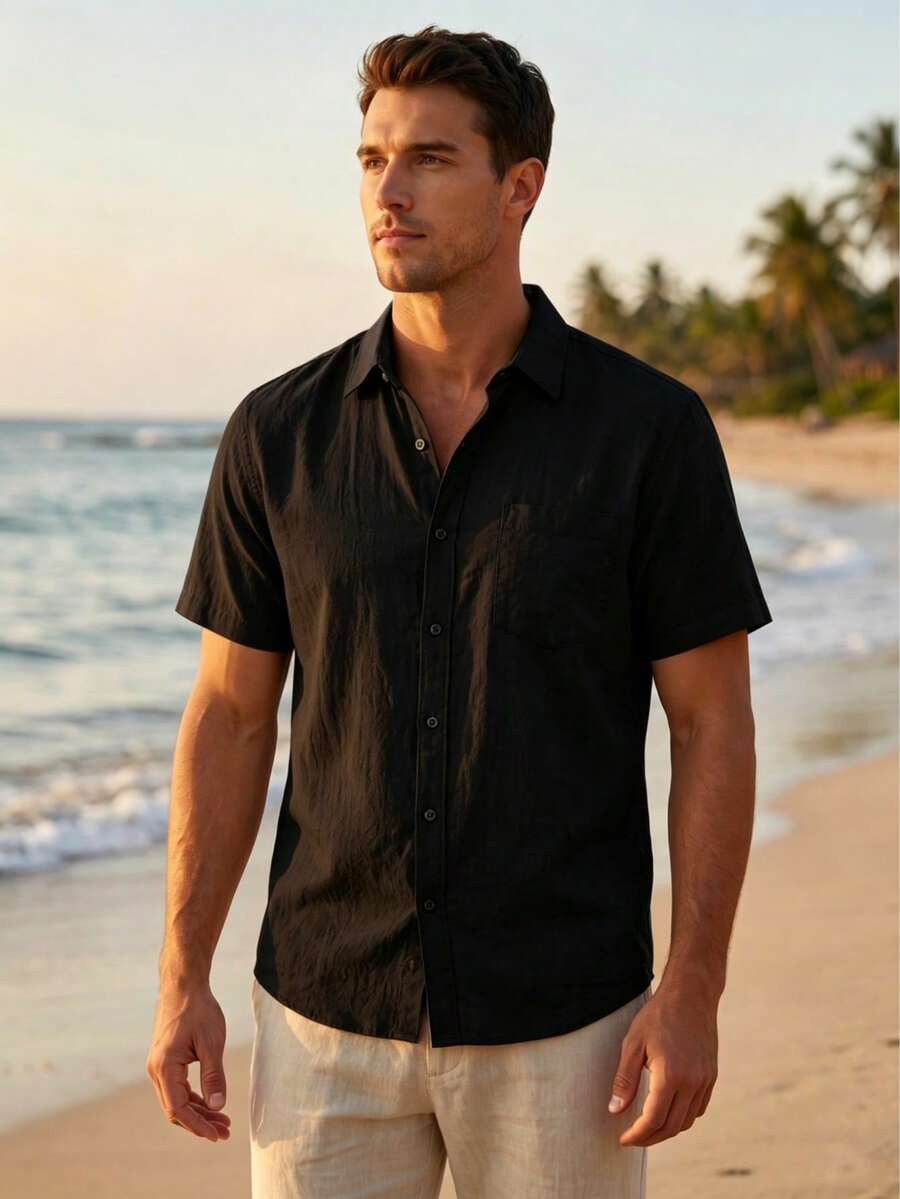 Áo sơ mi nam tay ngắn cổ Henley dáng rộng, thoải mái, chất liệu vải lanh kiểu Hawaii. - màu đen - Xem 1